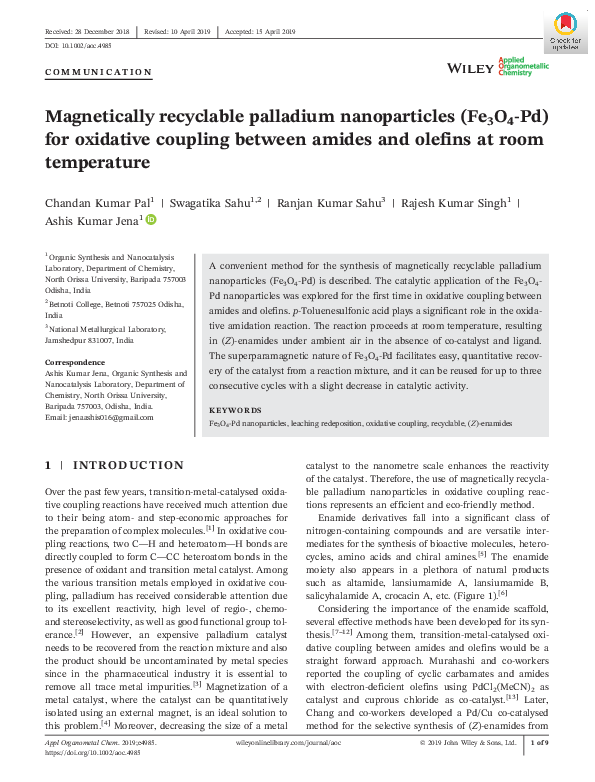 (PDF) Magnetically recyclable palladium nanoparticles (Fe 3 O 4 ‐Pd ...
