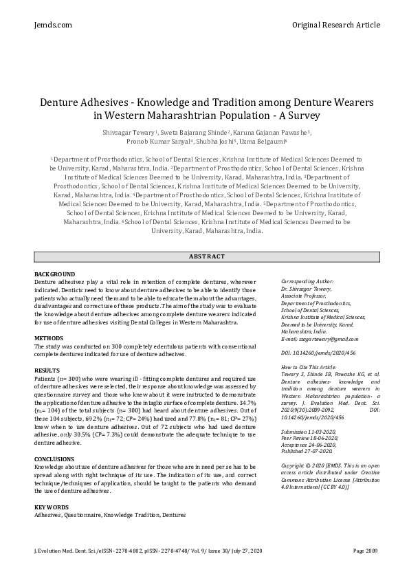 (PDF) Denture Adhesives Knowledge and Tradition among Denture Wearers in Western Maharashtrian