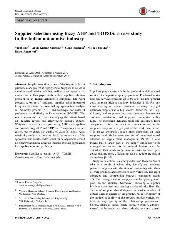(PDF) Supplier selection using fuzzy AHP and TOPSIS: a case study in ...