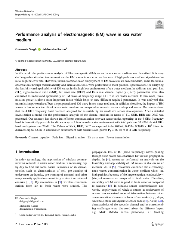 (PDF) Performance analysis of electromagnetic (EM) wave in sea water medium
