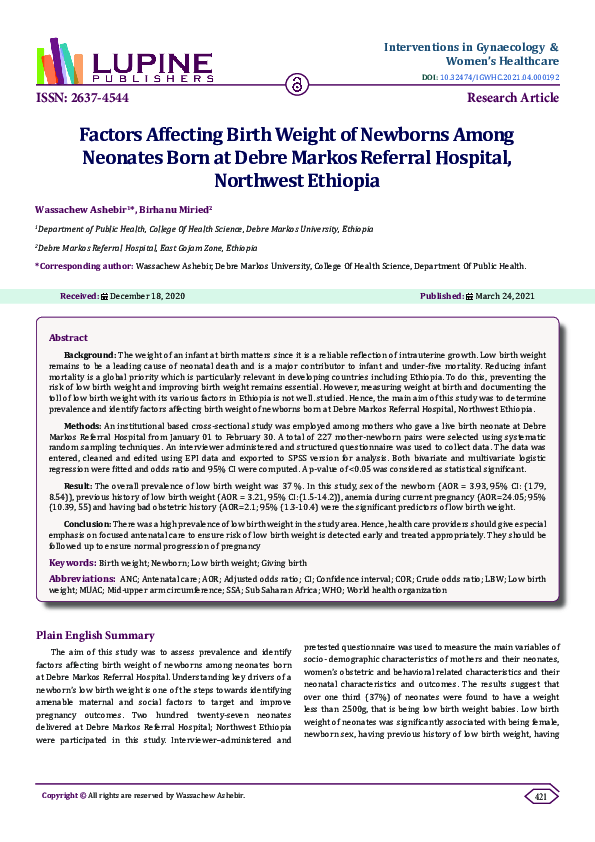 (PDF) Factors Affecting Birth Weight of Newborns AmongNeonates Born at ...