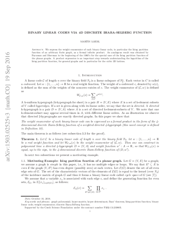 (PDF) Binary linear codes via 4D discrete Ihara–Selberg function