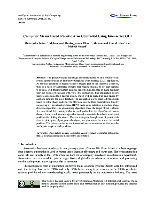 (PDF) Computer Vision Based Robotic Arm Controlled Using Interactive ...