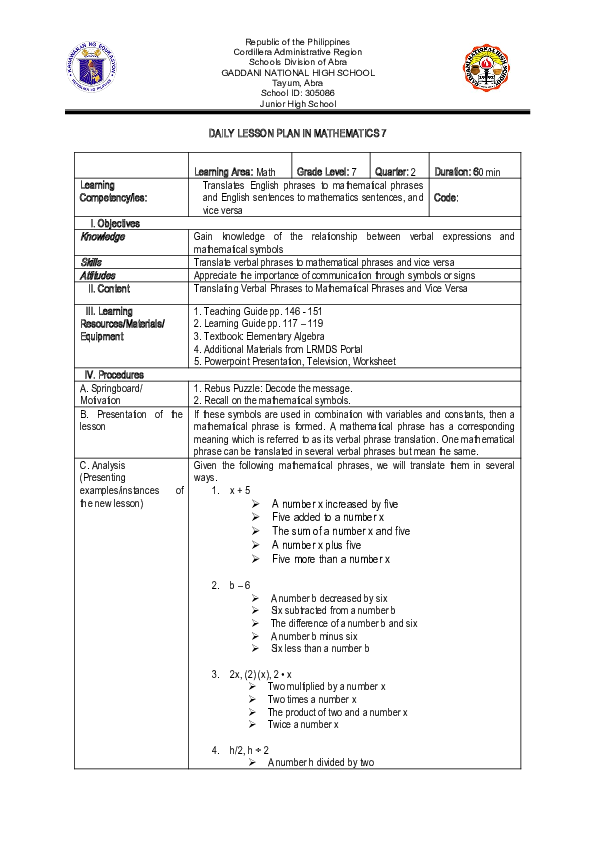 (DOC) DAILY LESSON PLAN IN MATHEMATICS 7 Learning Area: Math Grade ...