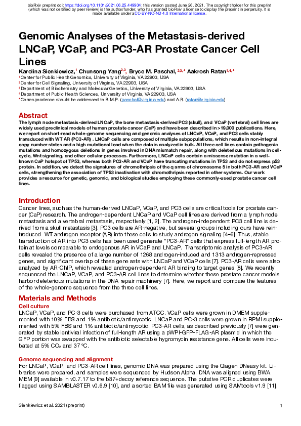 (PDF) Genomic Analyses of the Metastasis-derived LNCaP, VCaP, and PC3 ...