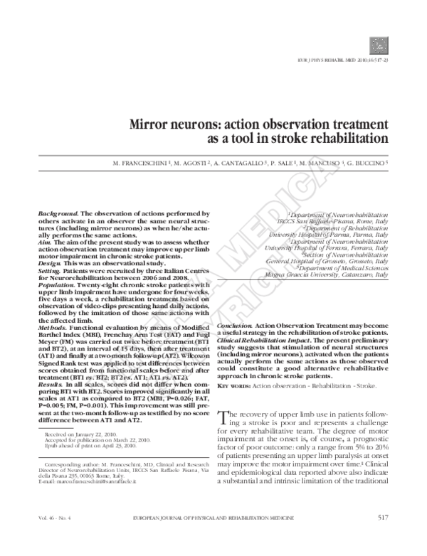 (PDF) Mirror neurons: action observation treatment as a tool in stroke ...