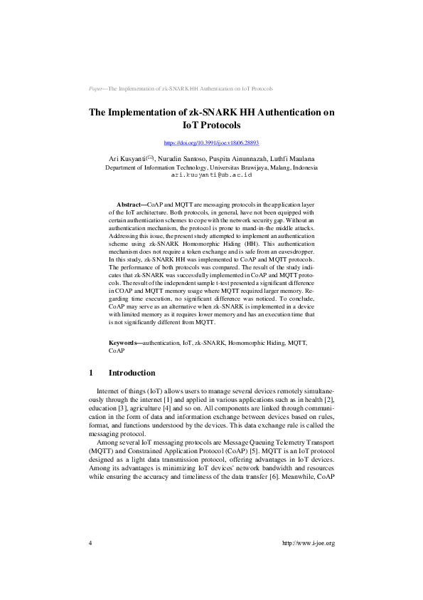 (PDF) Implementation of zk-SNARK HH Authentication on IoT Protocols
