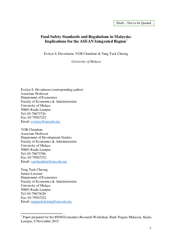 (PDF) Food Safety Standards and Regulations in Malaysia: Implications ...