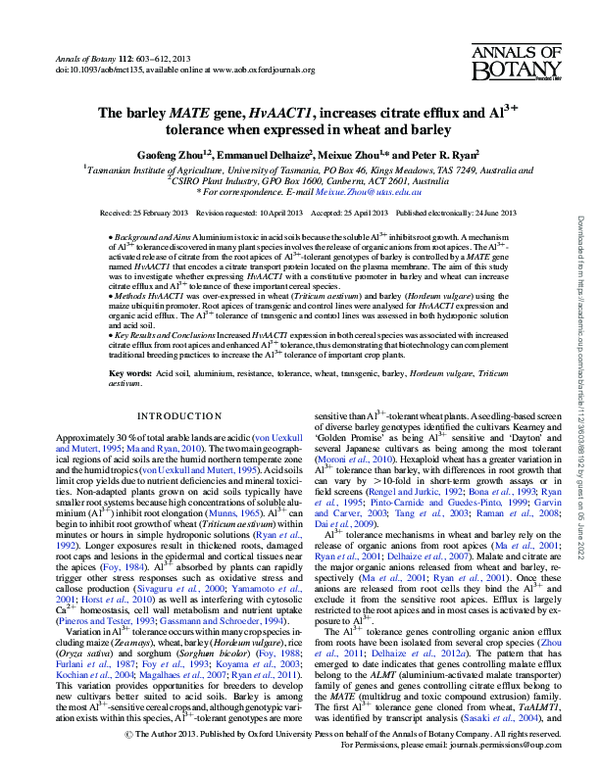 (PDF) The barley MATE gene, HvAACT1, increases citrate efflux and Al3 ...