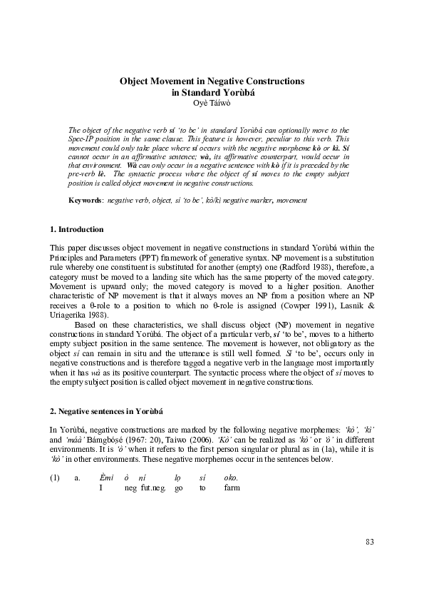 (PDF) Object Movement in Negative Constructions in Standard Yorùbá