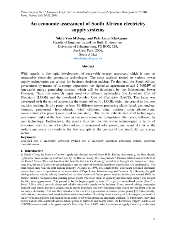 (PDF) An economic assessment of South African electricity supply systems