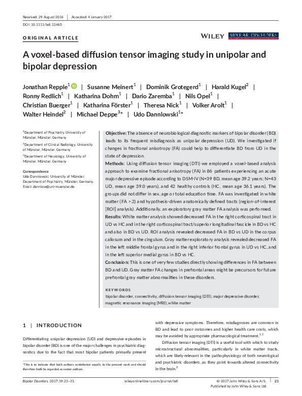 (PDF) A voxel-based diffusion tensor imaging study in unipolar and ...