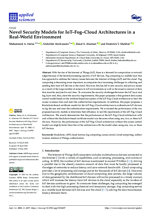 (PDF) Novel Security Models for IoT–Fog–Cloud Architectures in a Real ...