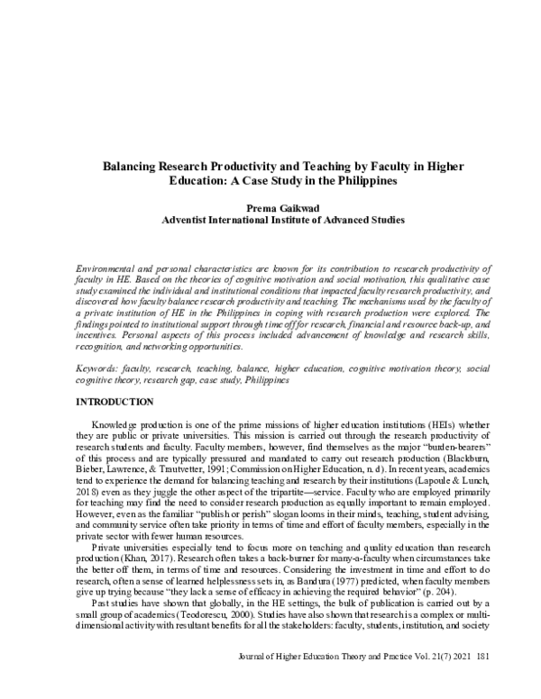 (PDF) Balancing Research Productivity and Teaching by Faculty in Higher ...
