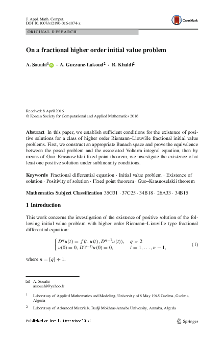 (PDF) On a fractional higher order initial value problem