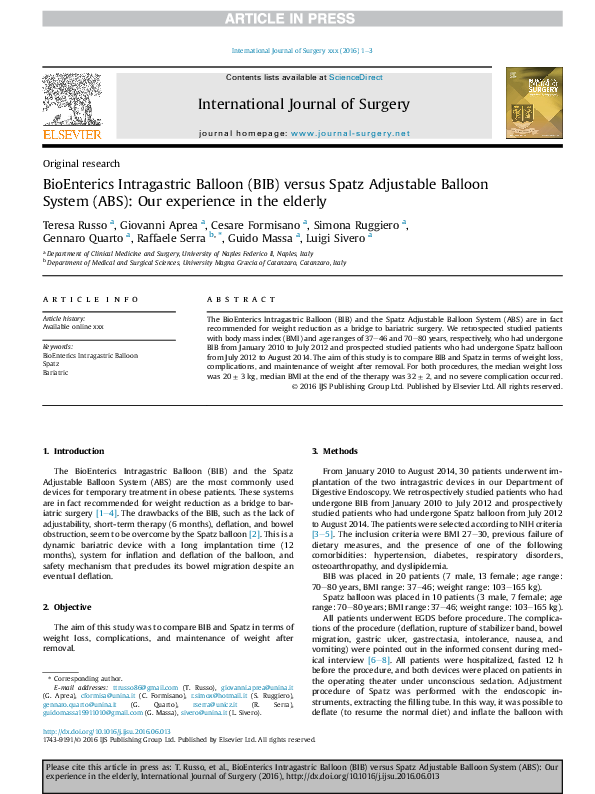 (PDF) BioEnterics Intragastric Balloon (BIB) versus Spatz Adjustable ...
