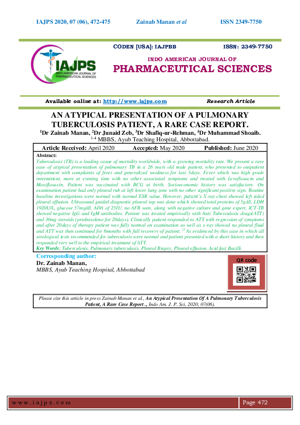 (PDF) An Atypical Presentation of a Pulmonary Tuberculosis Patient, a ...