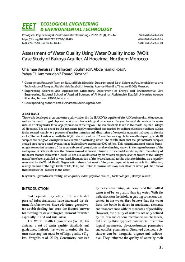 (PDF) Assessment of Water Quality Using Water Quality Index – Case ...