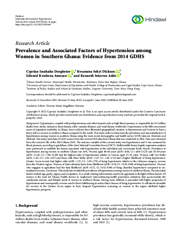 (PDF) Prevalence and Associated Factors of Hypertension among Women in ...
