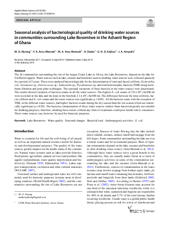 (PDF) Seasonal analysis of bacteriological quality of drinking water ...