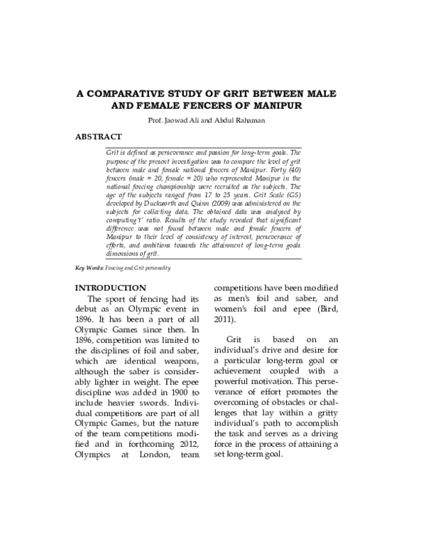 (PDF) A Comparative Study of Grit Between Male and Female Fencers of ...
