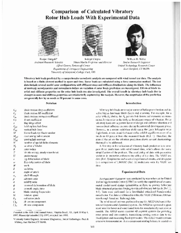 (PDF) Comparison of Calculated Vibratory Rotor Hub Loads with ...