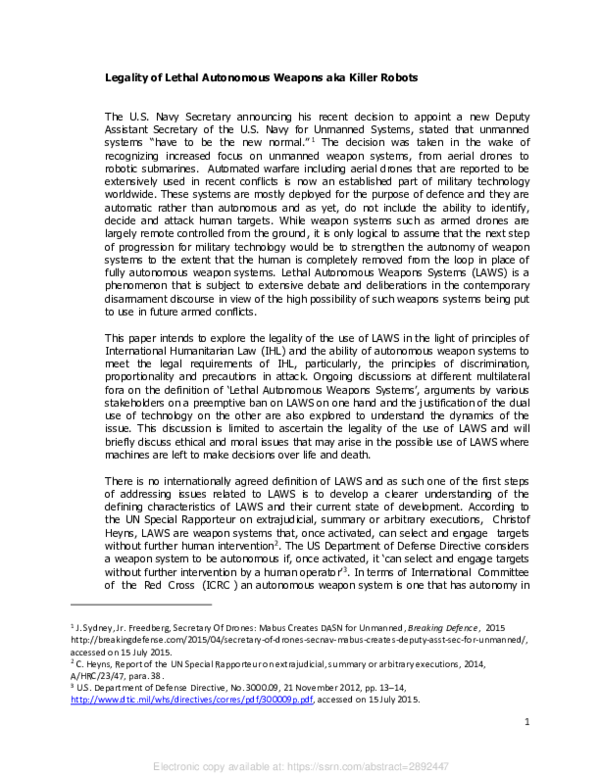 (PDF) Legality of Lethal Autonomous Weapons AKA Killer Robots