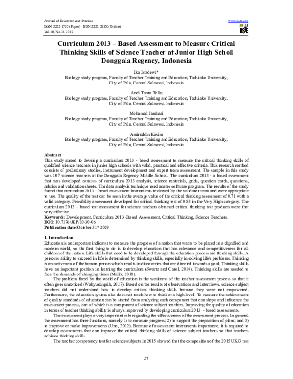(PDF) Curriculum 2013 – Based Assessment to Measure Critical Thinking ...