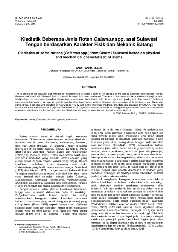 (PDF) Cladistics of some rattans (Calamus spp.) from Central Sulawesi ...