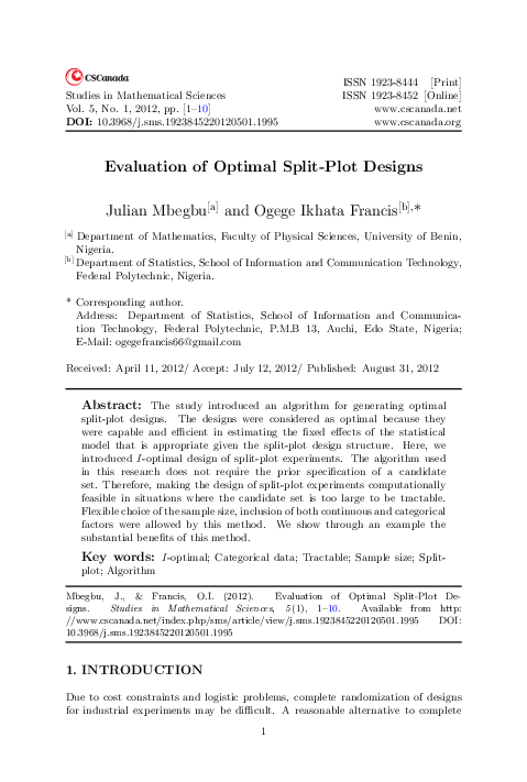 (PDF) Evaluation of Optimal Split-Plot Designs | Julian Mbegbu ...