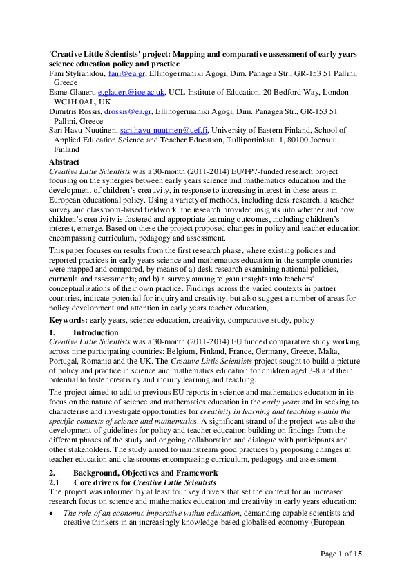 (PDF) Little Scientists ' project Mapping and comparative assessment