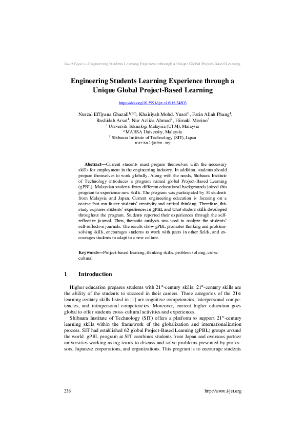 (PDF) Engineering Students Learning Experience through a Unique Global ...