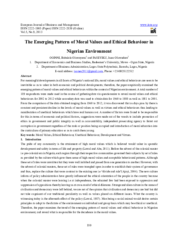 (PDF) The Emerging Pattern of Moral Values and Ethical Behaviour in ...
