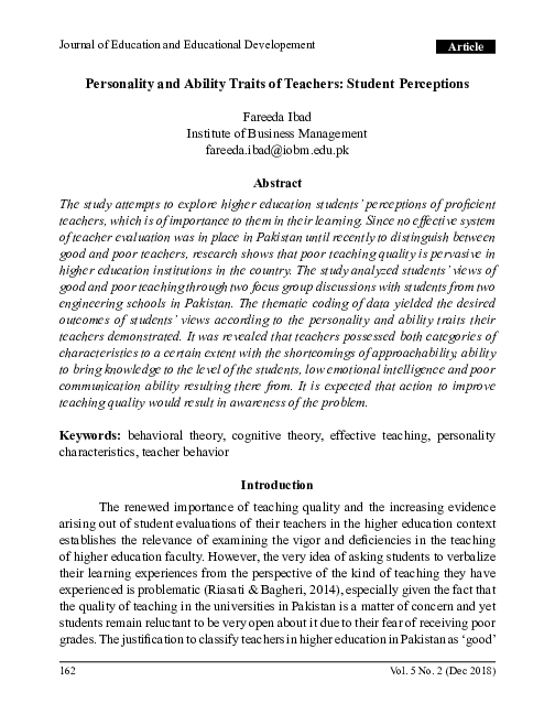 (PDF) Personality and Ability Traits of Teachers: Student Perceptions