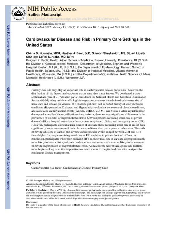 (PDF) Cardiovascular Disease and Risk in Primary Care Settings in the ...