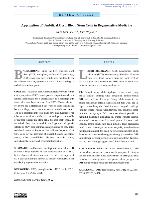 (PDF) Application of Umbilical Cord Blood Stem Cells in Regenerative ...