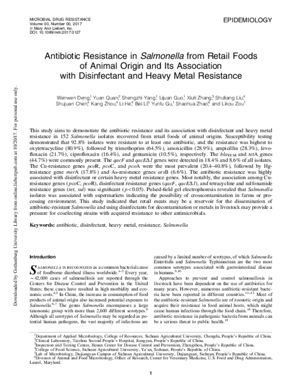 (PDF) Antibiotic Resistance in Salmonella from Retail Foods of Animal ...