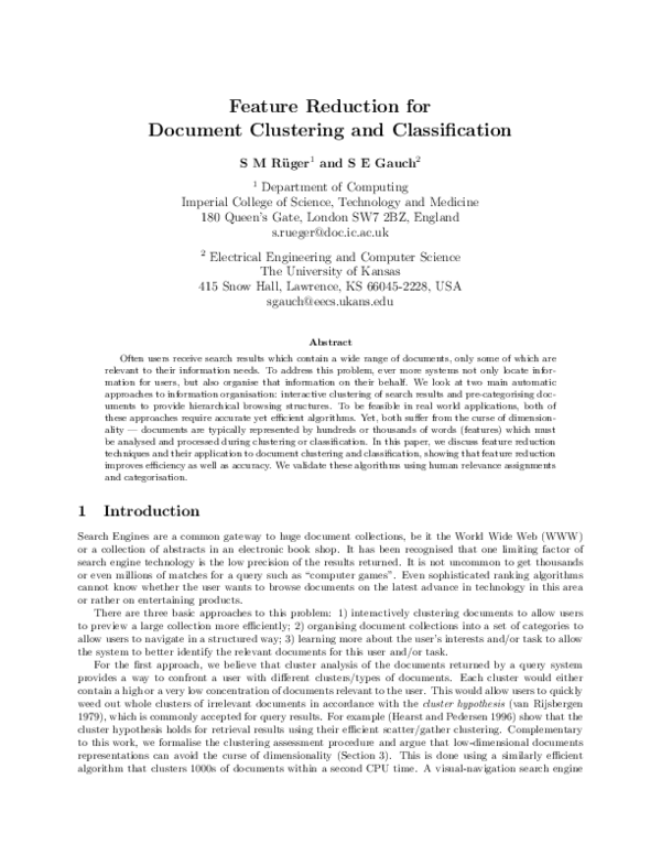 (PDF) Feature reduction for document clustering and classification