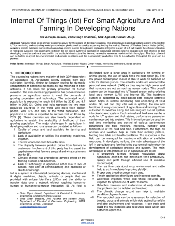 (PDF) Internet Of Things (Iot) For Smart Agriculture And Farming In ...