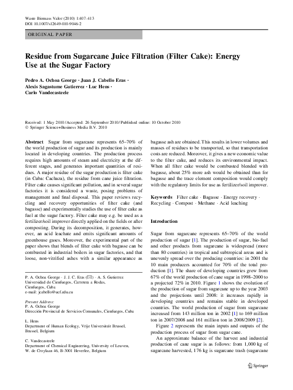 (PDF) Residue from Sugarcane Juice Filtration (Filter Cake) Energy Use