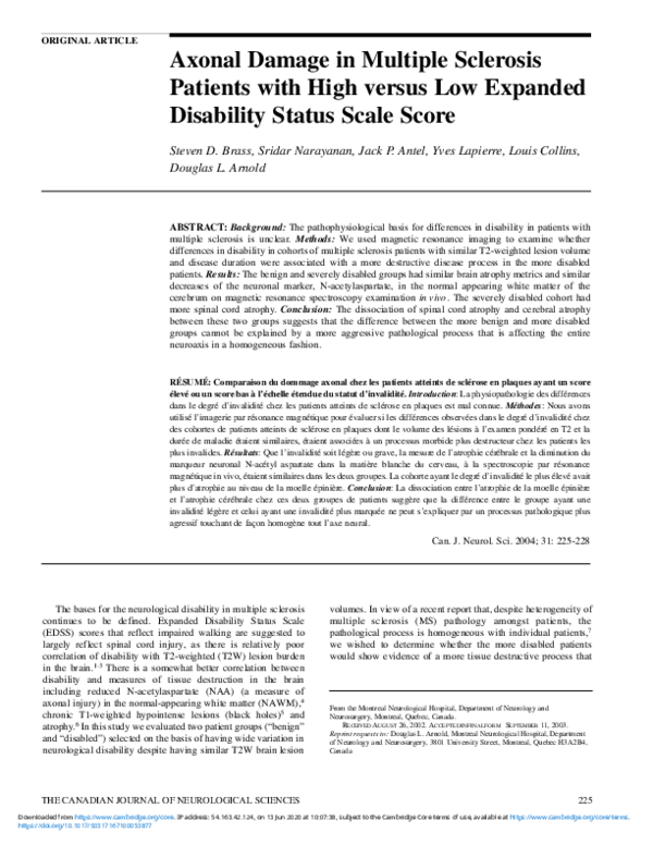 (PDF) Axonal Damage in Multiple Sclerosis Patients with High versus Low ...