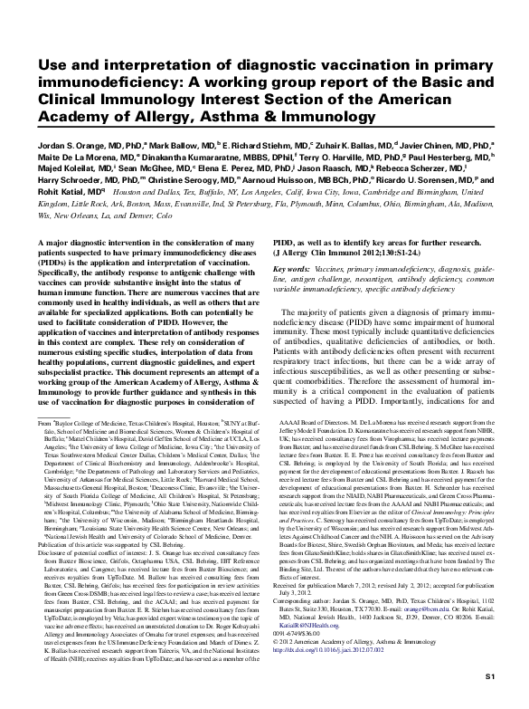(PDF) Use and interpretation of diagnostic vaccination in primary immunodeficiency A working