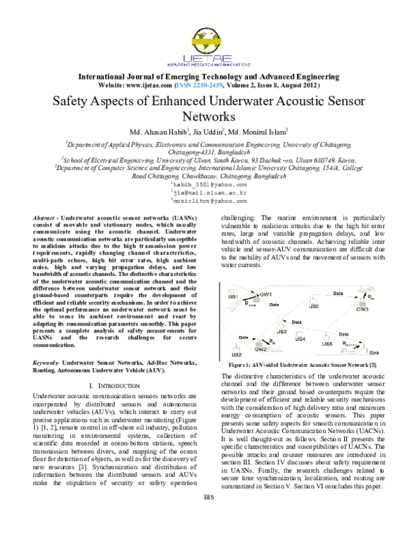 (PDF) Safety Aspects of Enhanced Underwater Acoustic Sensor Networks