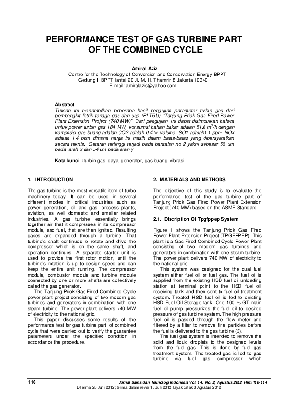 (PDF) Performance Test of Gas Turbine Part of the Combined Cycle