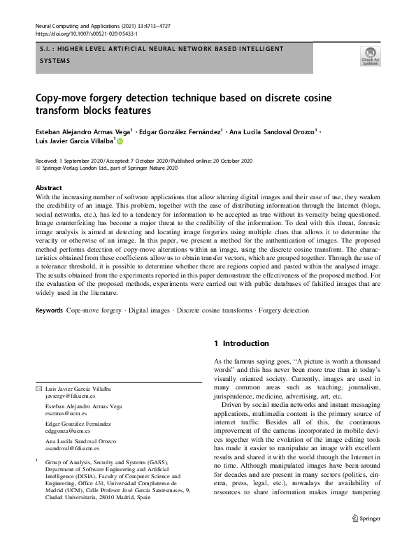 (PDF) Copy-move forgery detection technique based on discrete cosine ...