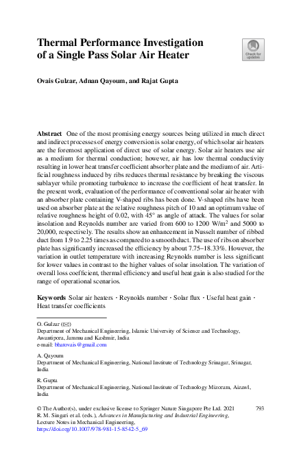 (PDF) Thermal Performance Investigation of a Single Pass Solar Air Heater