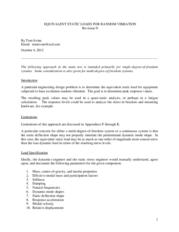 (PDF) EQUIVALENT STATIC LOADS FOR RANDOM VIBRATION Revision N Tom