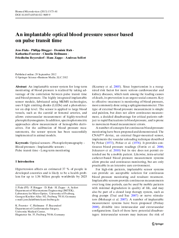(PDF) An implantable optical blood pressure sensor based on pulse transit time Jens Fiala