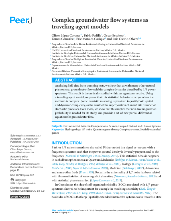 (PDF) Complex groundwater flow systems as traveling agent models
