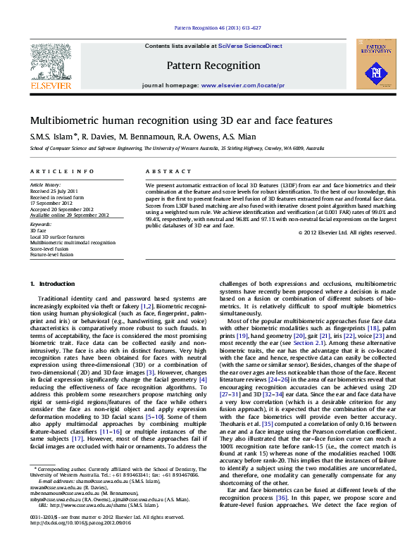(PDF) Multibiometric human recognition using 3D ear and face features